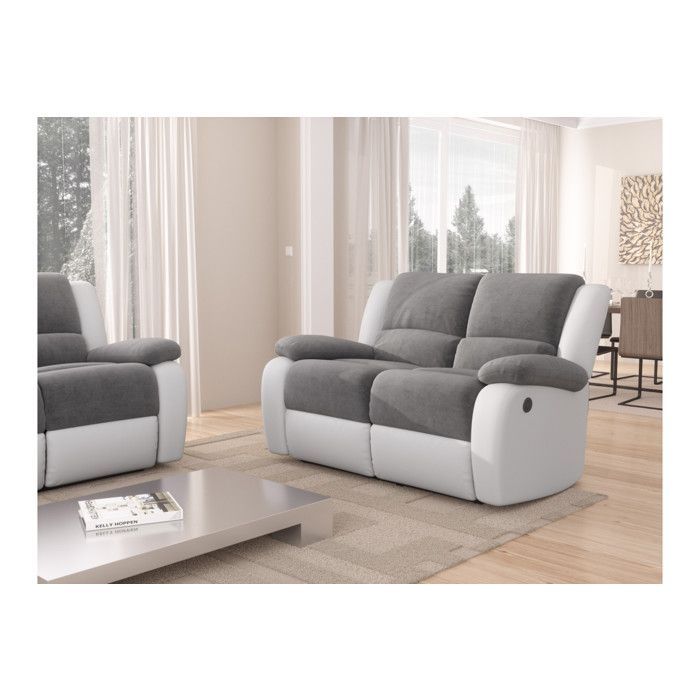 Canapé de Relaxation électrique 2 places Microfibre et Simili LEO - Blanc et gris - L143 x 93 x 96cm - LOUNGITUDE