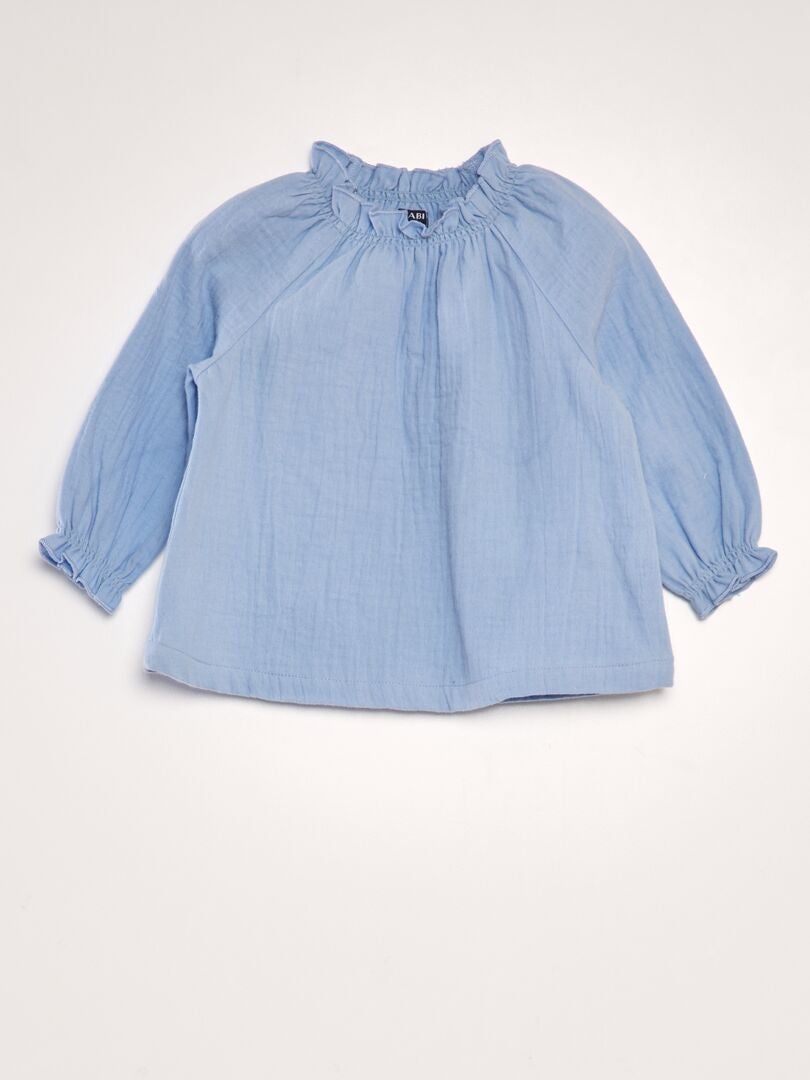 Blusa de manga comprida com gola franzida - AZUL