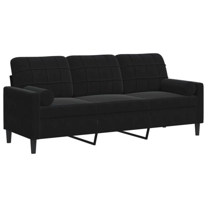 Divano a 3 posti vidaXL con cuscini decorativi, velluto nero, 180 cm, divano, divano da soggiorno, divano a 3 posti in velluto, 3278234