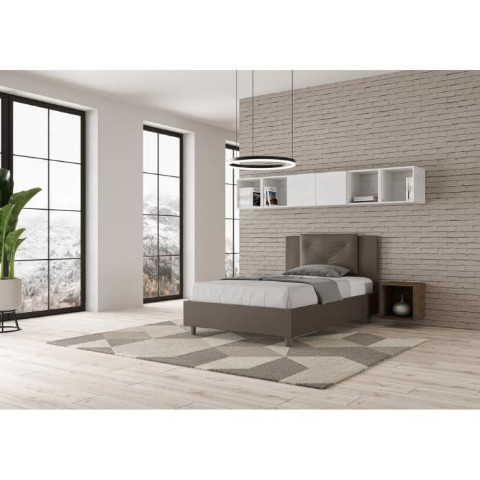Cama individual - Appia - 120x190 cm - Sin somier de láminas - Piel sintética - Marrón