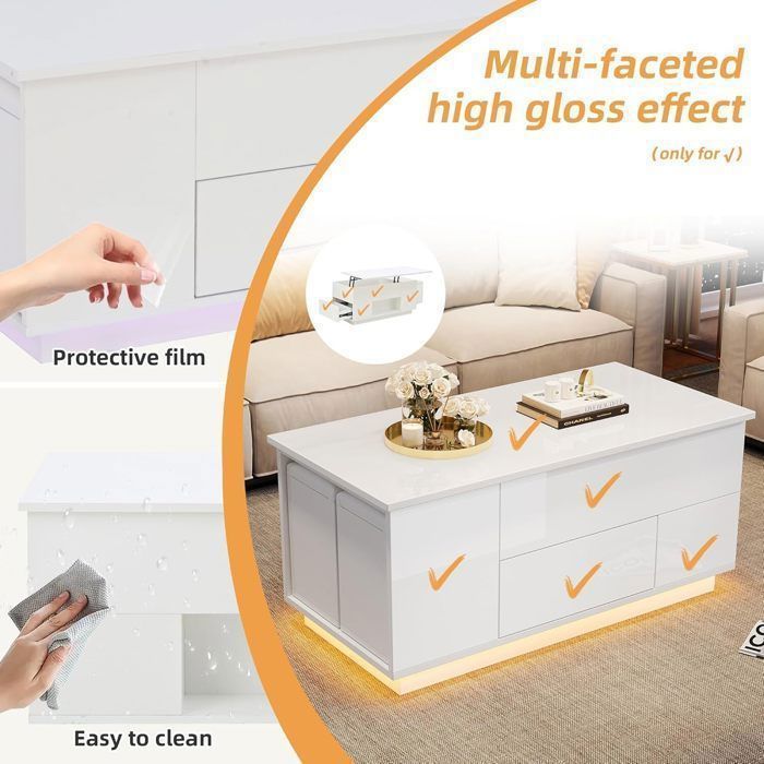 Mesa de centro blanca ajustable de 100x50x45 cm con LED - 2 cajones, espacio de almacenamiento y soporte de 50 kg - Conjunto 4 en 1 con otomana
