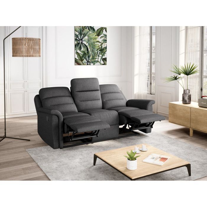 LÉON 3-Sitzer-Relaxsofa in grauem Stoff - Dunkelgrau - B 191 x T 94 x H 100 cm - LOUNGITUDE
