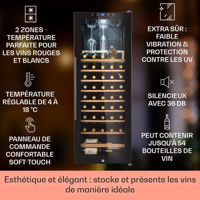 Klarstein Cave à vin 54 bouteilles étagères en bois amovibles porte en verre écran LCD 5 à 18°C Cave à Vin Vieillissement Noir