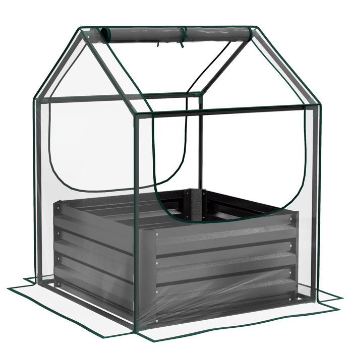 Raised garden bed with mini greenhouse - Outsunny - galvanized steel - for garden, balcony, terrace - 70 x 70 x 90 cm - dark grey