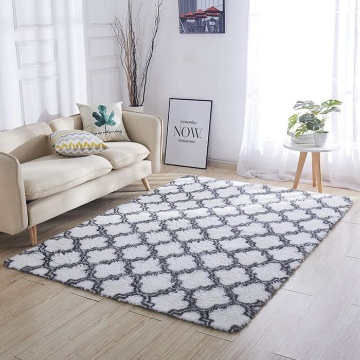 Tapis Salon Shaggy 160x230cm Blanc avec Motif - Descente de lit Tapis Poils Longs Tapis Doux pour Salon Chambre Canapé