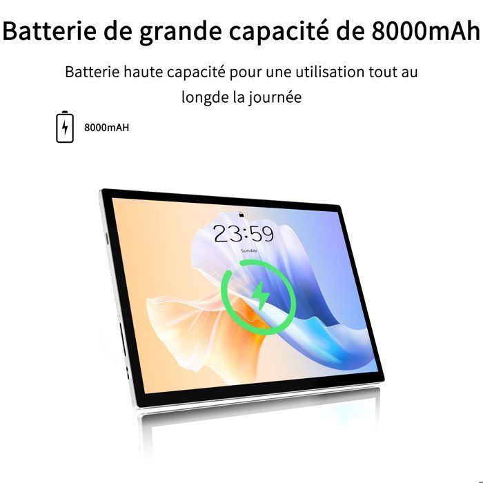 Tablette tactile 10,1 pouces, tablette Android 14, 16 Go RAM 128 Go ROM, IPS 1280*800 HD, 8000 mAh, Type-C, gris.