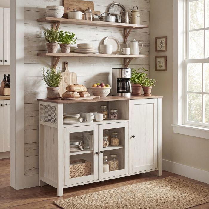 Buffet de Cuisine, avec 3 Portes, pour Salle à Manger, Salon, Style rustique, 110 x 33 x 75 cm, Marron et Blanc