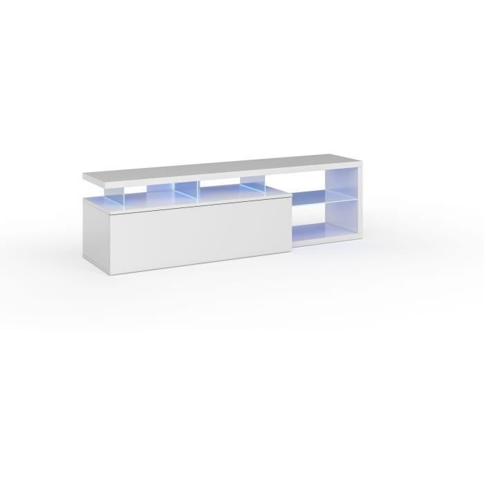 Mueble para TV reversible BLUE-TECH - Melamina lacada en blanco - 1 puerta abatible - Iluminación LED - Blanco brillante - 150 x 41 x 43 cm (ancho x profundidad x alto)