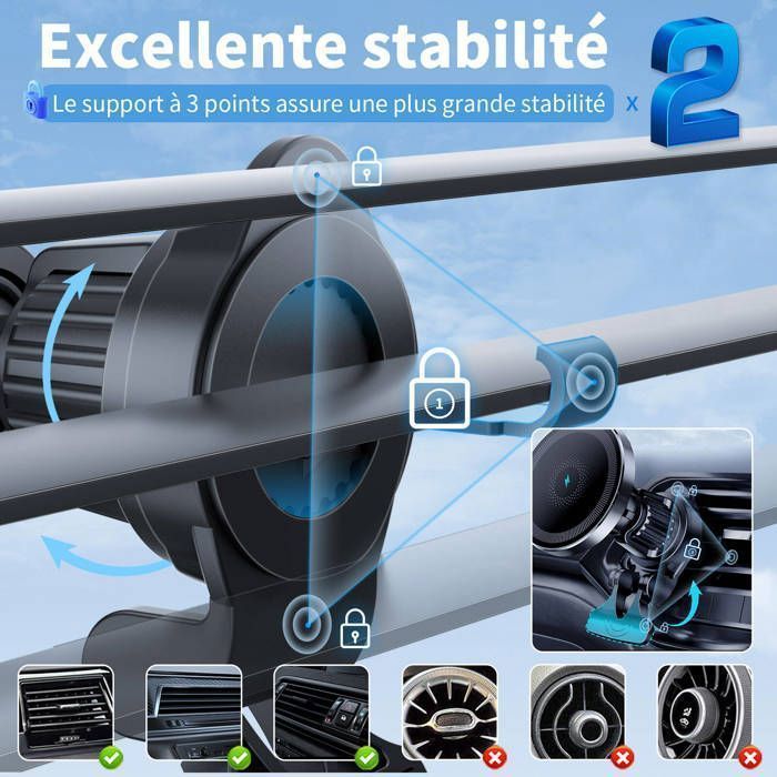 MANKIW Chargeur Magsafe Voiture 15W, Support Telephone Voiture Magnétique, Chargeur Sans Fil , Pour iPhone 17/16/15/14/13/12 Serie