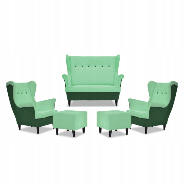 Zestaw wypoczynkowy ARI DUO sofa fotele pufy Family Meble zielono - miętowy