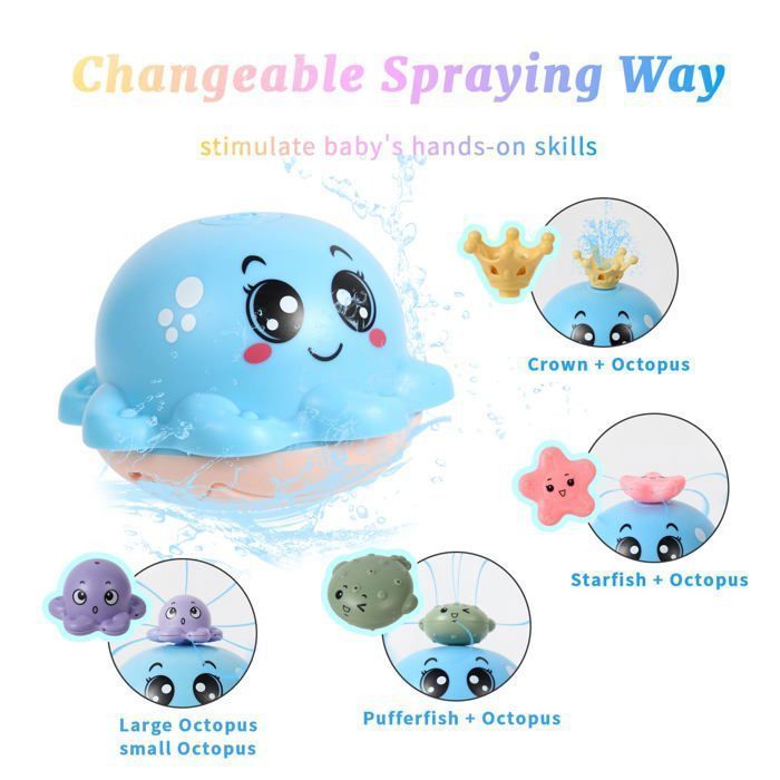 Juguetes de baño LED para niños, juguete de baño para bebés de 1, 2 y 3 años, pulpo de inducción automática, juguetes de piscina con chorro de agua para bebés - Azul