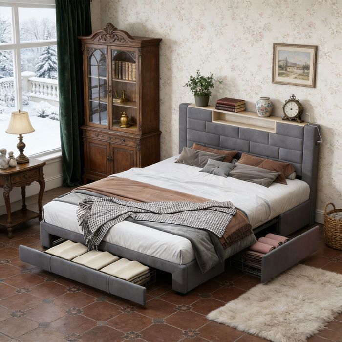 Lit 140x190 cm - COZY - LED - tissu en velours - cadre de lit double 140x190 cm - gris