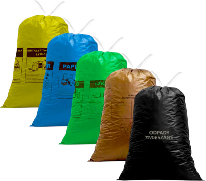 Worki do segregacji śmieci z taśmą 120L 5x20szt. Plastik Papier Szkło Bio