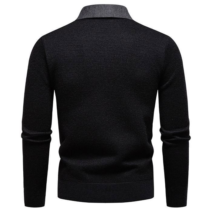 Maglione da uomo lavorato a maglia con colletto foderato in pile, caldo pullover a maniche lunghe, colore a contrasto - Nero