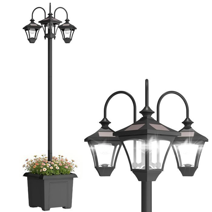 Outdoor floor lamp - Outsunny - 3 LED heads, with flower box, waterproof, adjustable height - ABS steel - 52x52x185cm - black
