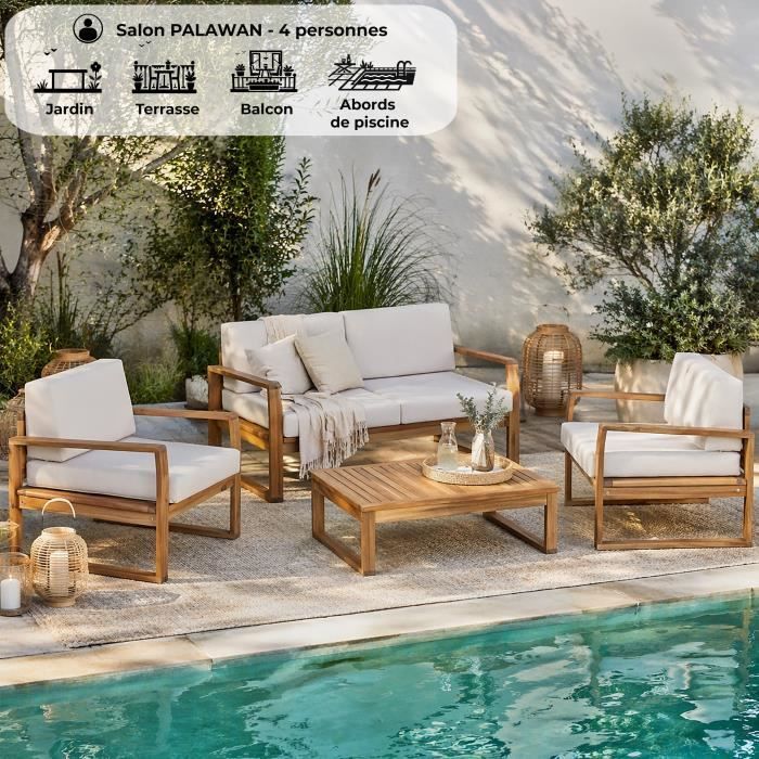Conjunto de muebles de jardín de madera de acacia con certificación FSC - PALAWAN - Mesa de 80x55x29 cm - Beige - Para 4 personas