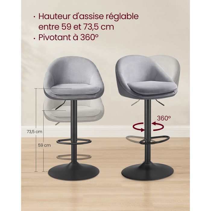 Tabouret de Bar, Lot de 2, Réglable en Hauteur, Pivotant à 360°, avec Dossier, Socle, Repose-pieds, Acier, Gris Tourterelle