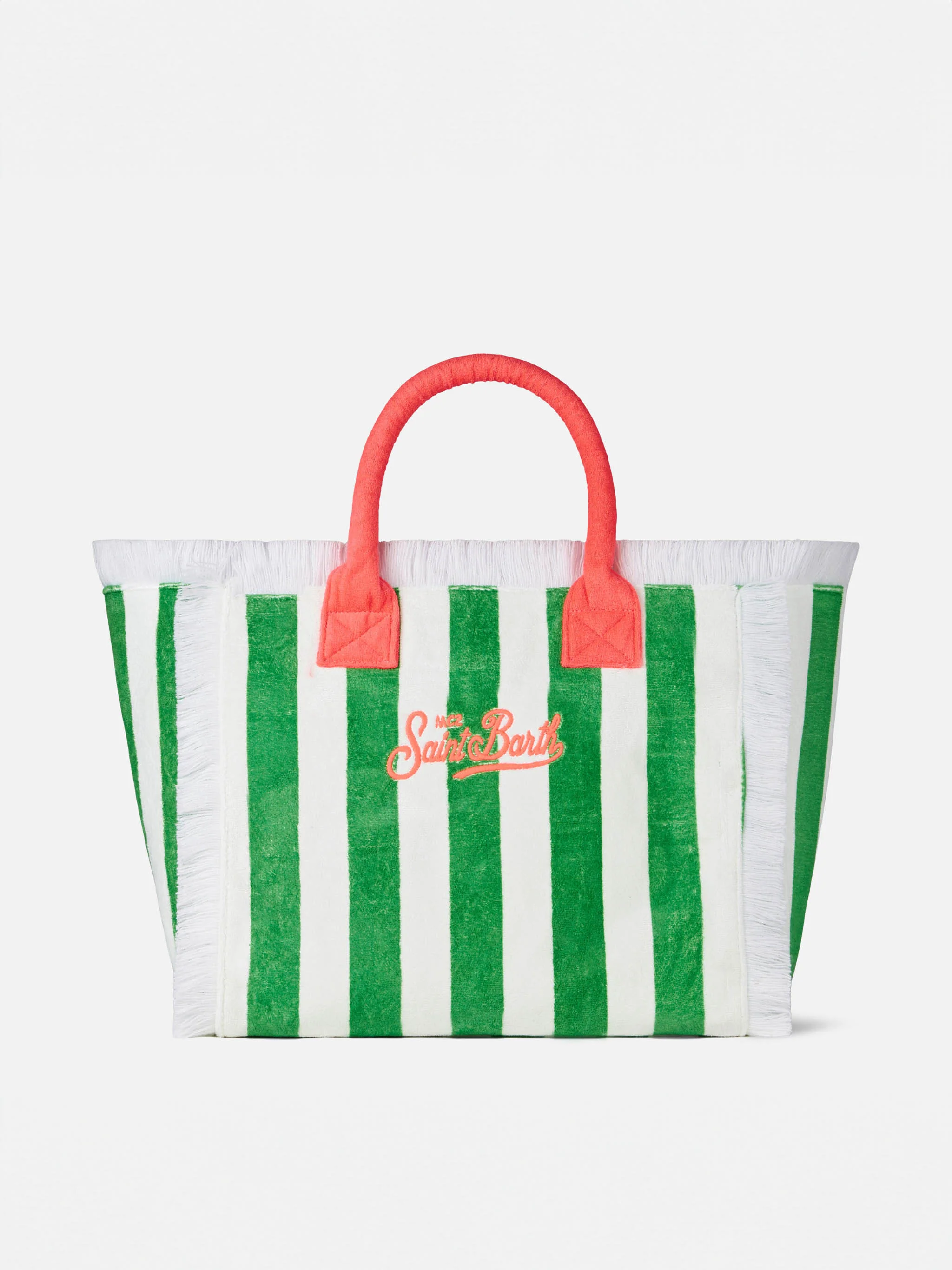 Vanity Terry schoudertas met groene en witte strepen en Saint Barth fuchsia jacquard borduurwerk – binnenvak met rits | MC2 Saint Barth