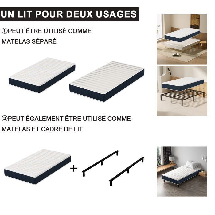 Colchón y base de cama STANEW de 90x190x15cm, espuma viscoelástica, estructura de hierro de 6 patas, resistente y transpirable.