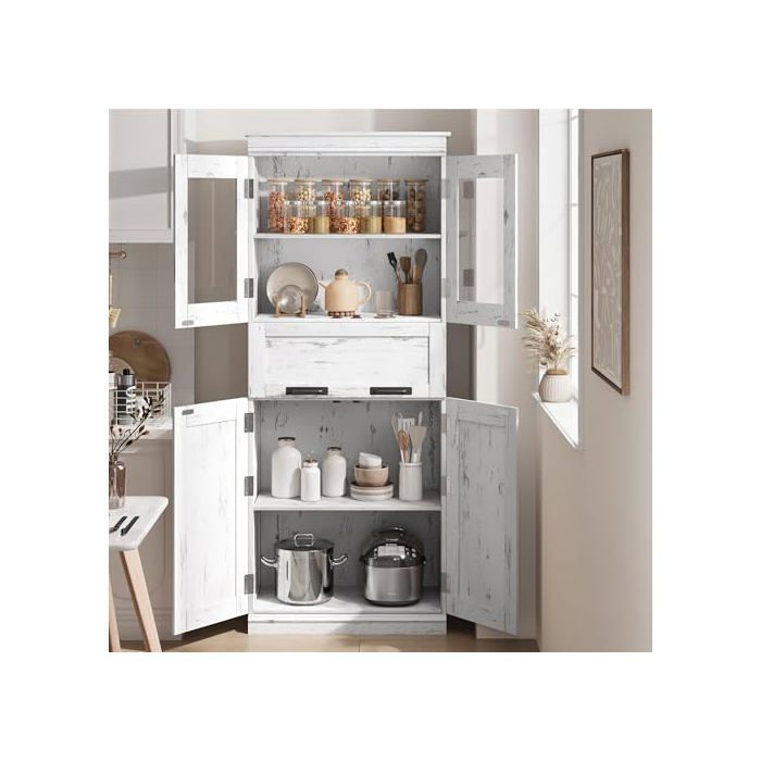 Bathroom Cabinet, 170 cm Tall Unit, Storage with Adjustable Shelves, 4 Doors, 1 Drawer, Compartment, White