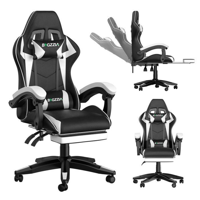 Sedia da ufficio gaming con poggiapiedi ergonomico, girevole a 90°, cuscino lombare e poggiatesta, regolabile in altezza.