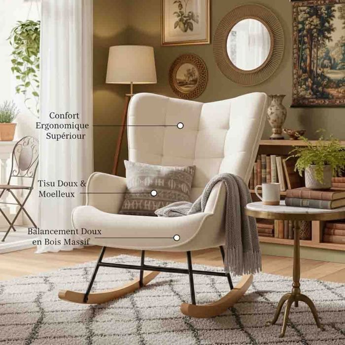 Fauteuil à Bascule 68x75x92cm - Haut Dossier Ergonomique - Pieds en Bois et Métal - Style Scandinave - Tissu Bouclette Beige