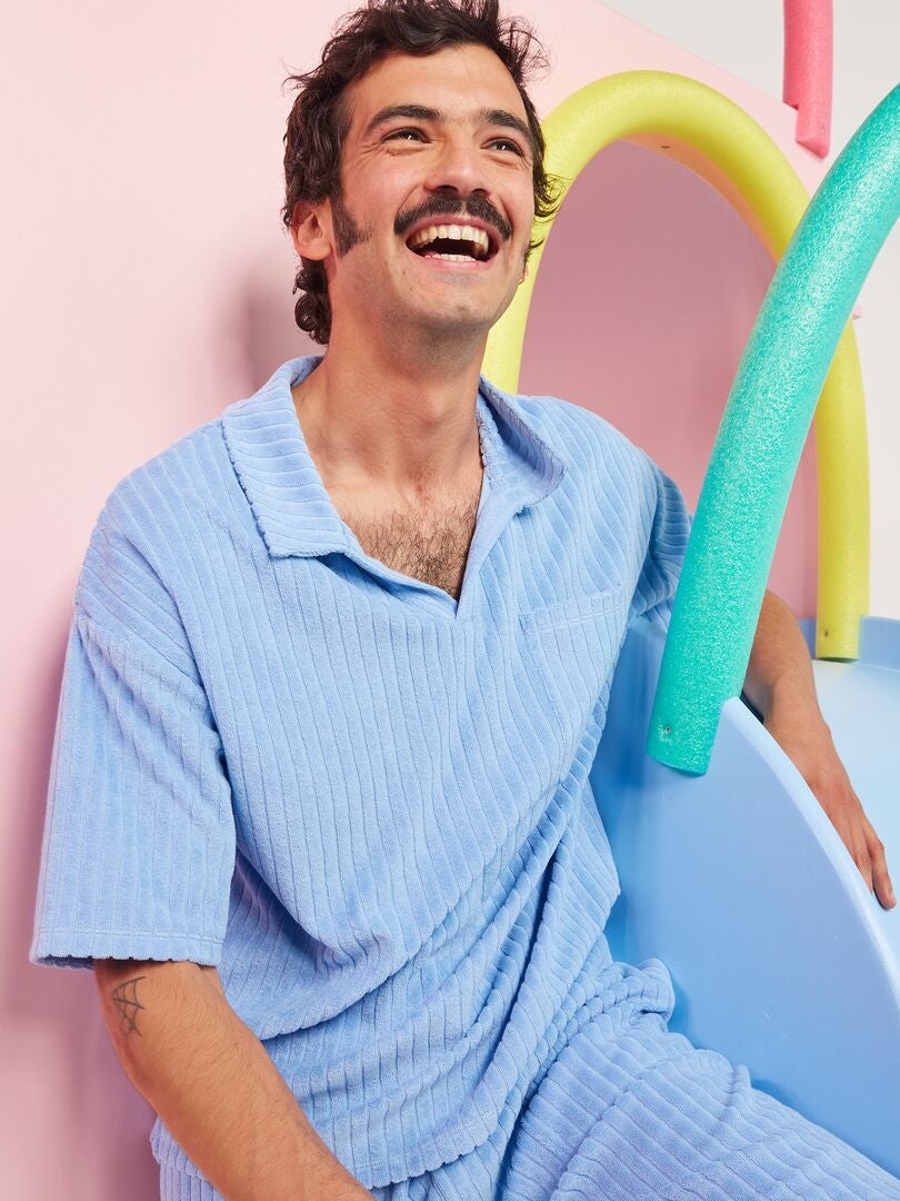 Camisa polo canelada em tecido atoalhado - AZUL