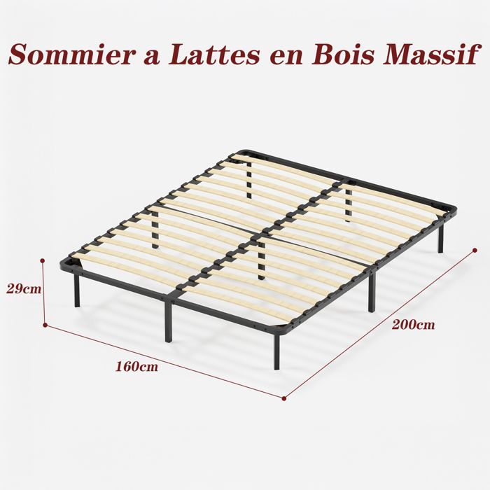 TUNCCO Sommier 160x200cm, Hauteur de 29 cm , Sommier à Lattes pour Adulte, 2x14 Lattes ,9 Pieds Inclus