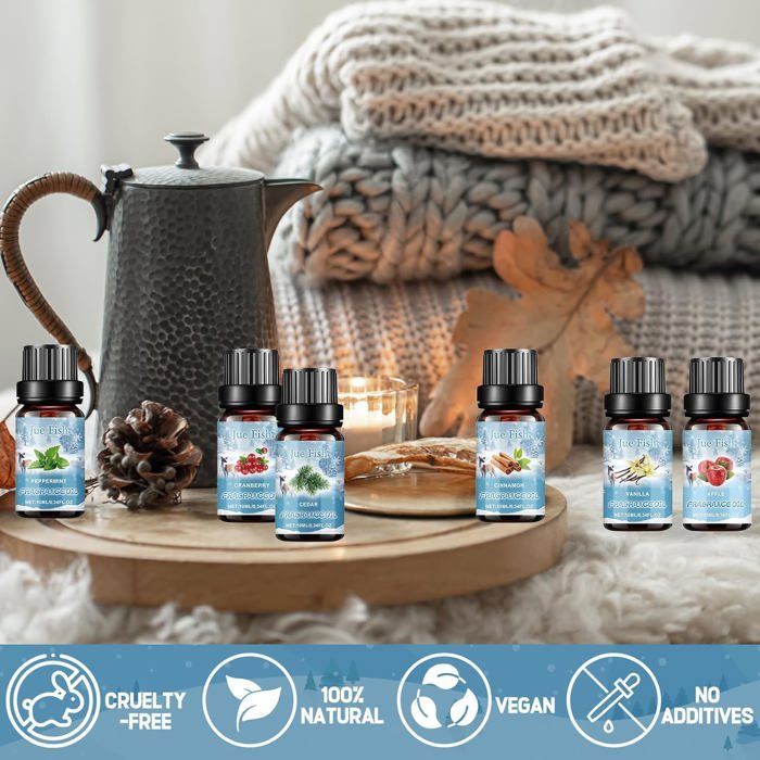 6 aceites esenciales de aromaterapia de 10 ml para difusores: Canela, Menta, Manzana, Madera de cedro, Vainilla