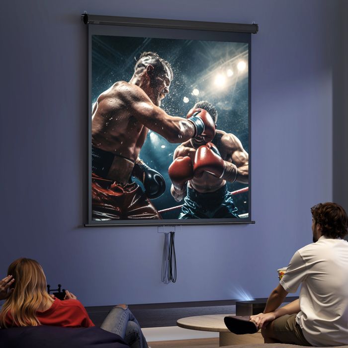 Pantalla de proyección HOMCOM de 85 pulgadas para cine en casa, 1:1, 4K HD, montaje en pared/techo, acero, 162,5 x 8 x 162 cm, color negro.