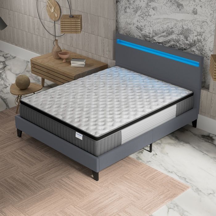 Colchón y cama (140x200cm) - Elekctra 30cm Muelles ensacados y espuma viscoelástica + Base de láminas estable y cabecero con iluminación LED Gris