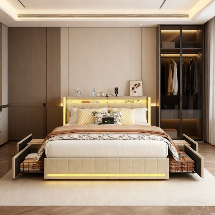Cama doble de 180 x 200 cm, cama individual de 180 x 200 cm con 4 cajones, puerto USB e iluminación LED, estructura de cama con cabecero, tejido de lino, color beige.