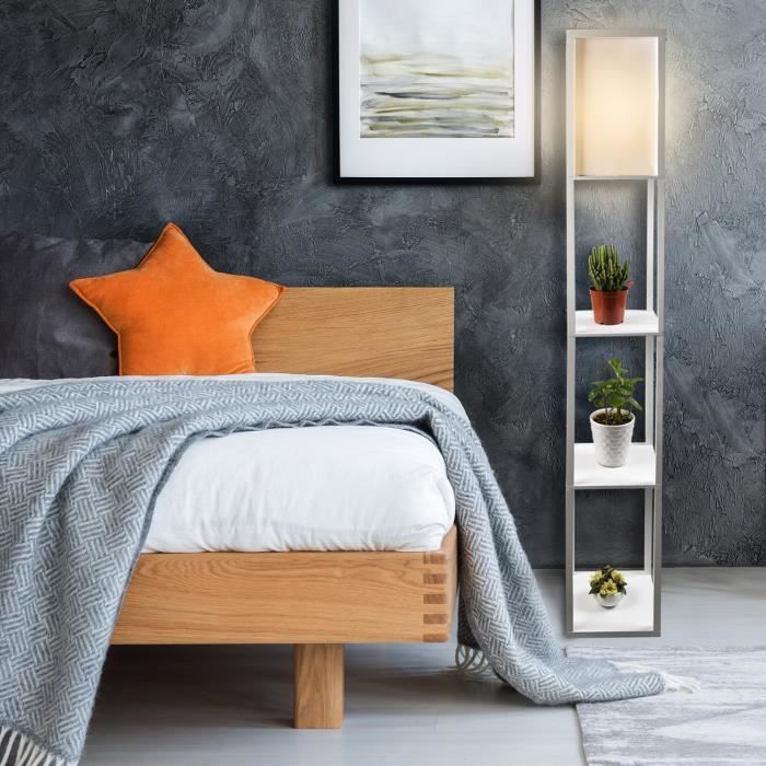 Wooden floor lamp, designer floor lamp with 3 shelves and E27 base, 1.6m, white shelf floor lamp