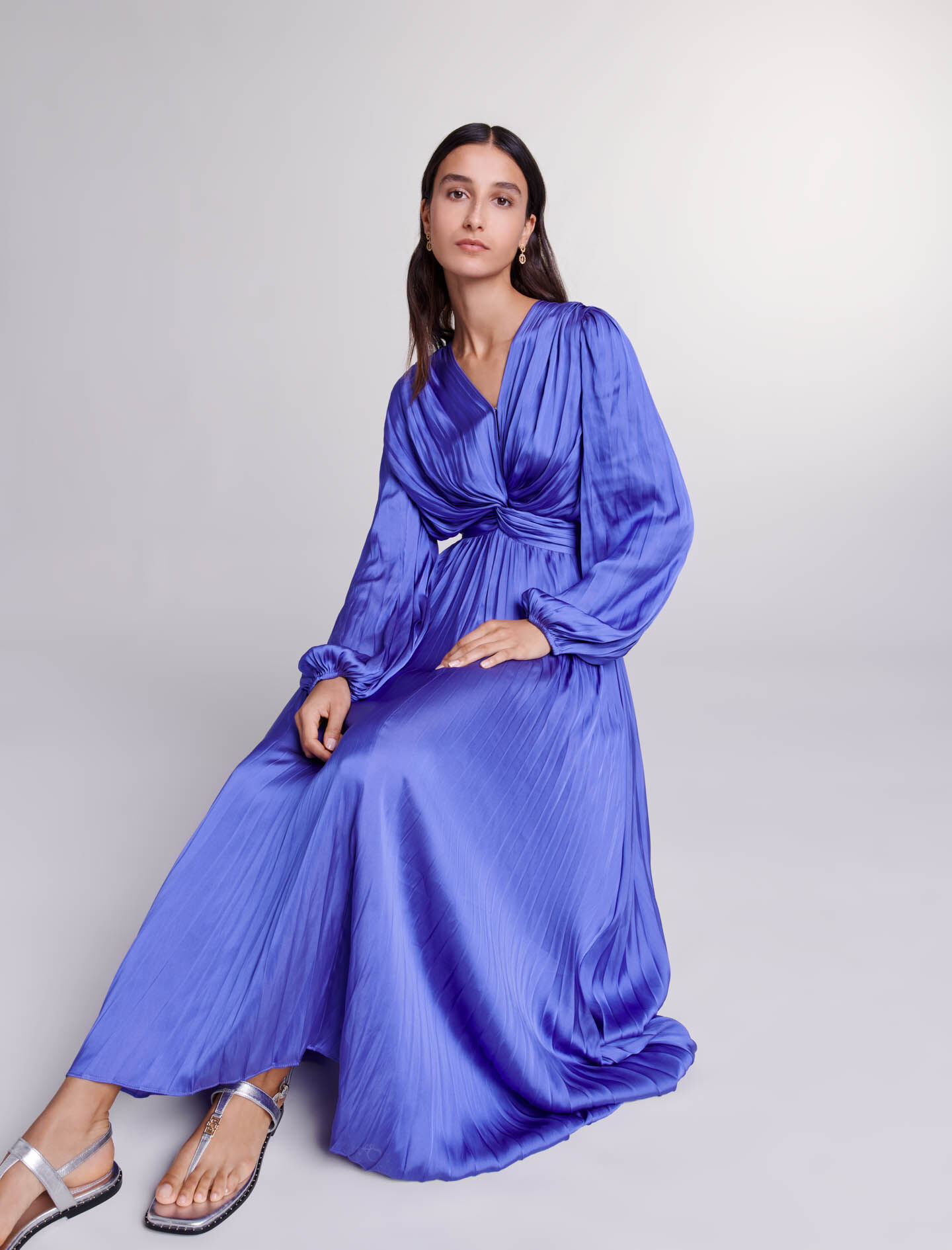 Rochie lungă drapată din satin - Violet