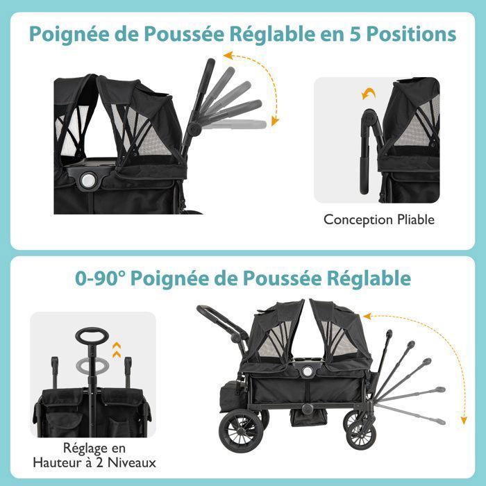 Cochecito doble plegable COSTWAY - Manillar ajustable - 2 capotas extraíbles - Ventana con solapa - Bandeja para comida de 30 kg - Negro