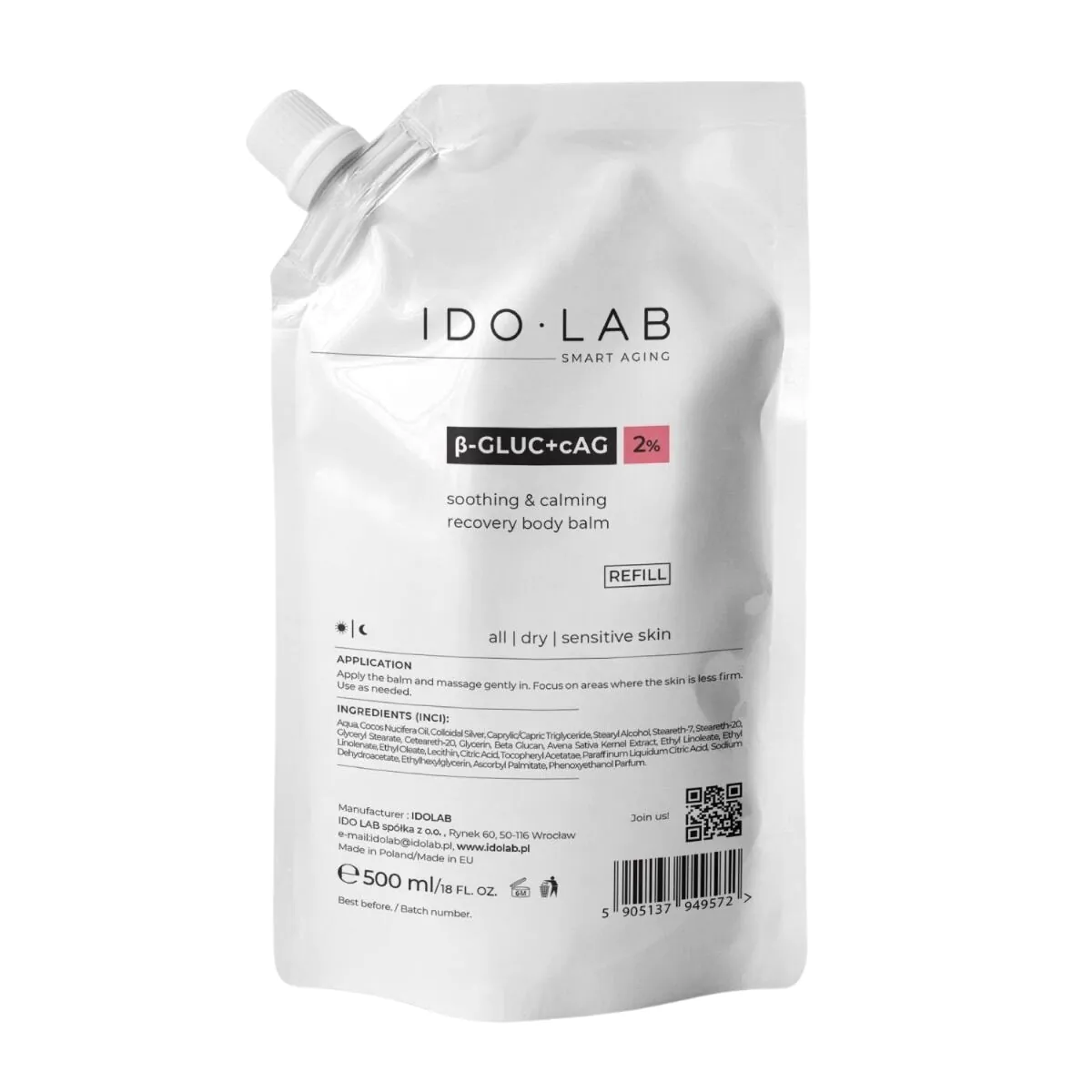 Ido Lab B-Gluc + cAG Intensywnie nawilżający i łagodzący krem do ciała refill 500ml