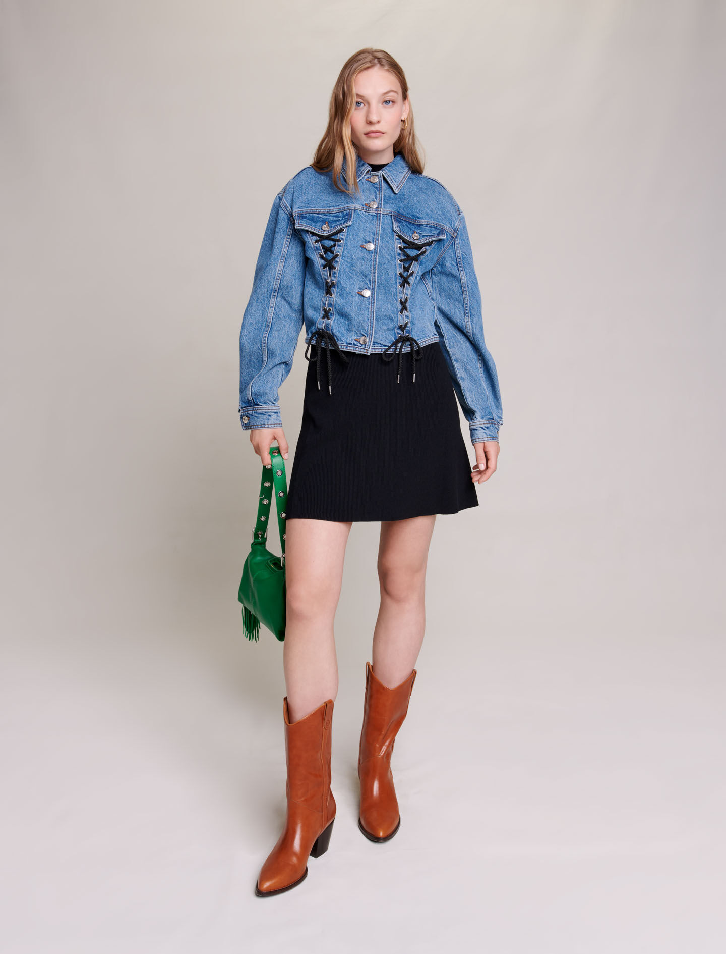 Jachetă din denim cu cravată - Albastră