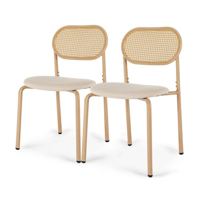 Lot de 2 Chaise de Salle à Manger en Bois, Pieds en Métal, Chaise de Cuisine avec Dossier Rotin, Ergonomique, Pour Salon,