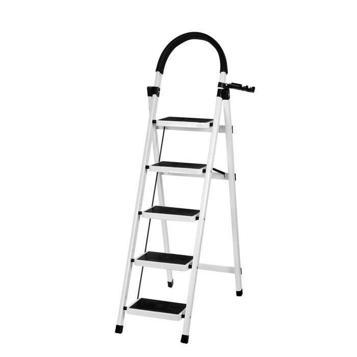 Blanc - 152cm Escabeau Pliant à 5 marches en Acier, Echelle avec Poignée et Marchepied Antidérapant, Capacité 150KG Chargé