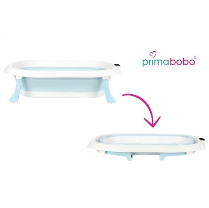 Vaschetta da bagno pieghevole Primabobo Premium per neonati, 79 cm, blu, con cuscino e supporto, e termometro.