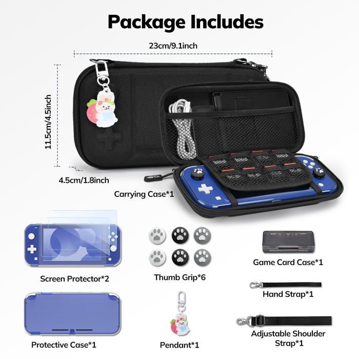 Kit di accessori 14 in 1 per Nintendo Switch Lite: custodia nera con cover protettiva e custodia per giochi.