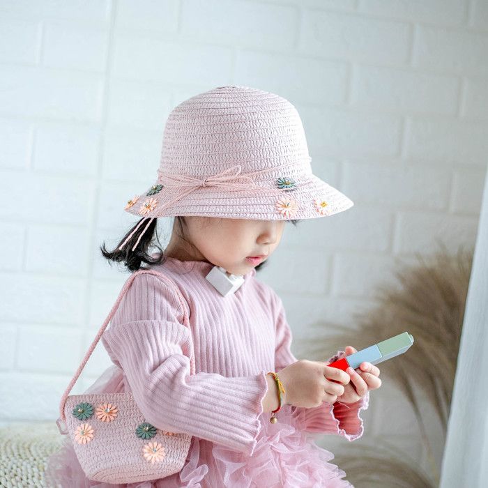 Conjunto de sombrero de paja y bolso para niña FUNMOON, pequeño, de 2 piezas, con estampado floral, nueva colección - 592091
