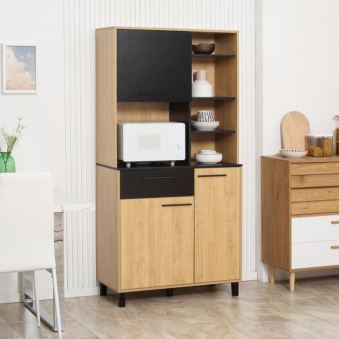 Aparador de cozinha - HOMCOM - armário multifuncional com 1 gaveta, 3 armários e 4 nichos para organização de cabos - madeira - altura 180 cm