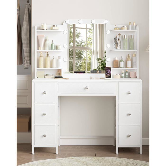 Tocador con iluminación LED, tocador con espejo HD grande, 7 cajones y 6 estantes de almacenamiento, tocador para dormitorio, moderno, blanco.