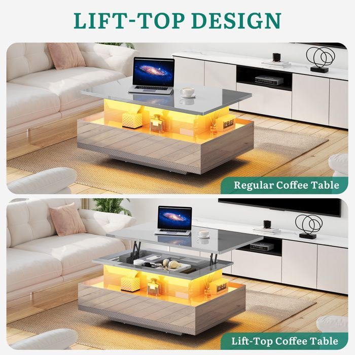 Balconera High-gloss lacquered coffee table with LED strip and 2 drawers, 85 cm (W) x 55 cm (D) x 41 cm (H), grey