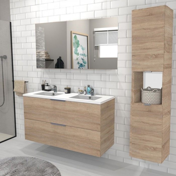 MALAGA 120 cm badmeubel + wastafel + spiegel + hoge kast / Witgekalkte eiken afwerking