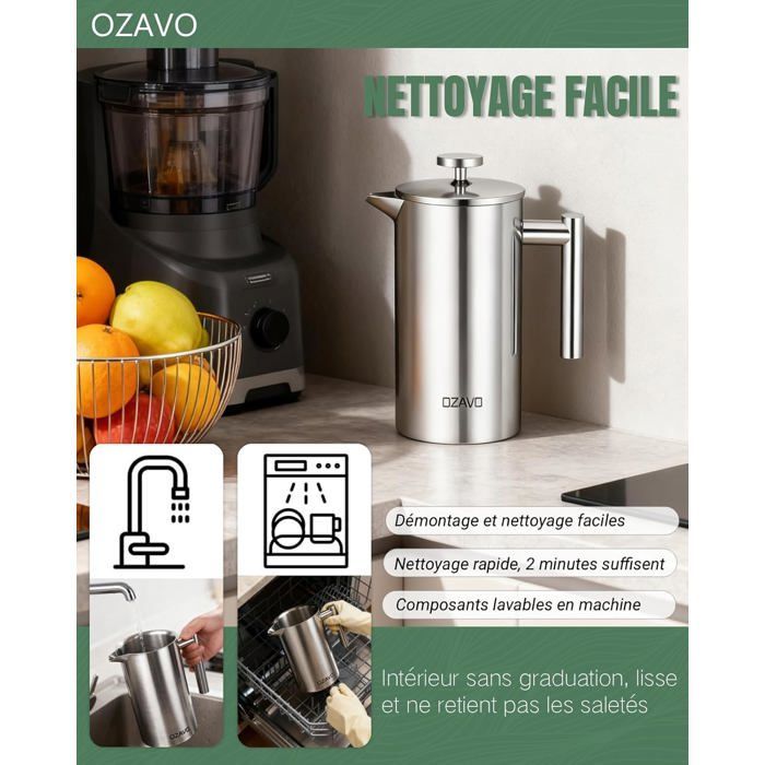 OZAVO - Cafetière à Piston 1L Inox Isotherme avec 5 Filtres Remplacement Acier inoxydable