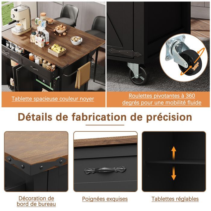 Aparador de cocina con ruedas, 2 cajones, 4 puertas, encimera, MDF, especiero, toallero, 140x73x93cm, negro