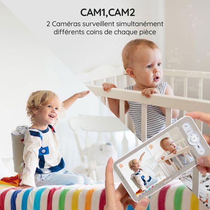 Babá eletrônica ieGeek 2K/3MP de 5 polegadas com 2 câmeras, câmera PTZ 360°, monitor de vídeo conectado a smartphone com alertas inteligentes.