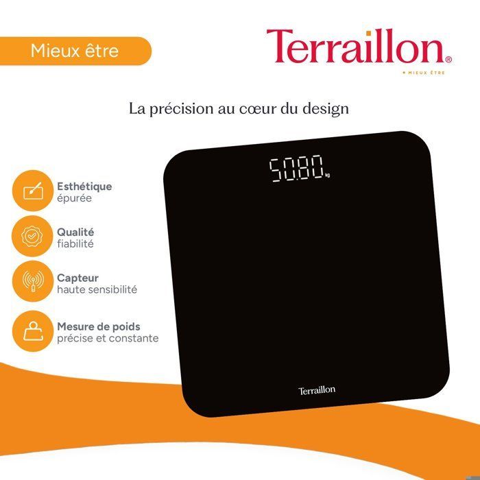 Elektronische Badezimmerwaage – Terraillon – TSQUARE, ultraflach, automatische Ein-/Ausschaltung, 180 kg, 100-g-Schritte, Schwarz